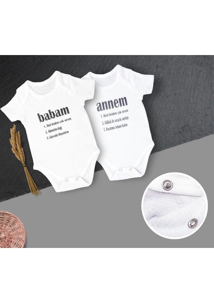 Bebek Ekru Organik Annem ve Babam Yazılı Kısa Kol Body 2'li Set Annem Babam