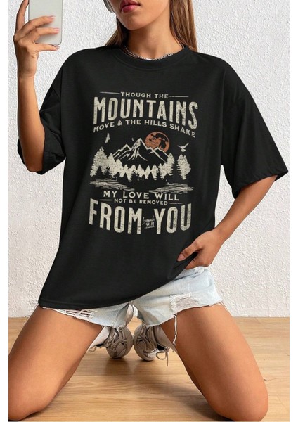 Kadın Siyah Mountains Baskılı Oversize T-Shirt