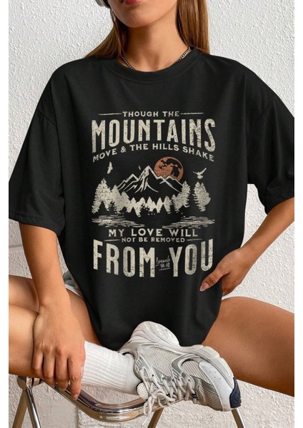 Kadın Siyah Mountains Baskılı Oversize T-Shirt modelleri