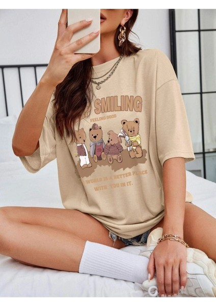 Bej Keep Smılıng Oversize Bisiklet Yaka T-Shirt