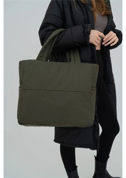 Haki Renk Kabartmalı Puf Kumaş Shopper Çanta