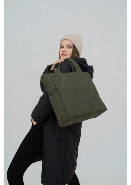 Haki Renk Kabartmalı Puf Kumaş Shopper Çanta fiyatları