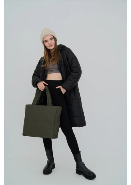 Haki Renk Kabartmalı Puf Kumaş Shopper Çanta modelleri