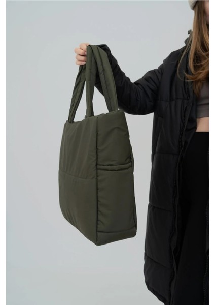 Haki Renk Kabartmalı Puf Kumaş Shopper Çanta fırsatları