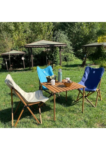 Ahşap Katlanır Masa Sandalye Seti Kahverengi - Bej Kılıf 70X70X55 Kahverengi Masa