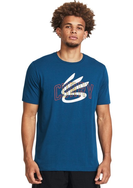 1383382-426 Curry Champ Mindset Tee Mavi Petrol Erkek Bisiklet Yaka Oversize T-Shirt