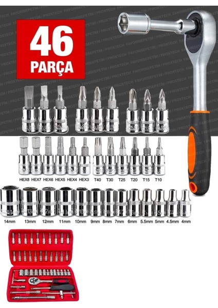 Pro 58 Parça Lokma Takımı Otomatik Cırcırlı 1/4" 12 Parça Kombine Açık Ağız-Yıldız Anahtar Takım