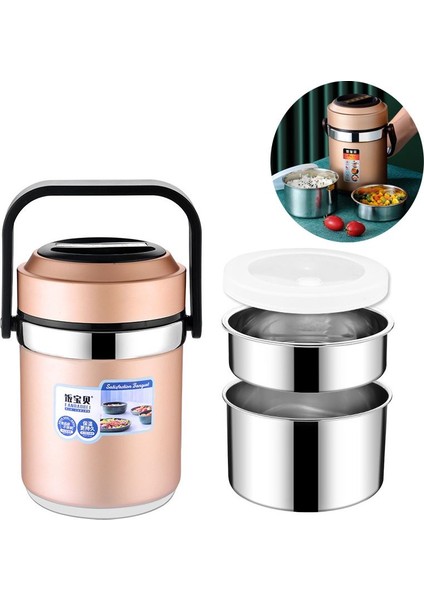 304 Çelik 2000 ml Vakumlu Yemek Mama Saklama Termosu Sefertası CIN598GLD
