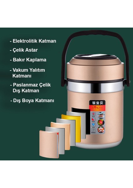 304 Çelik 2000 ml Vakumlu Yemek Mama Saklama Termosu Sefertası CIN598GLD
