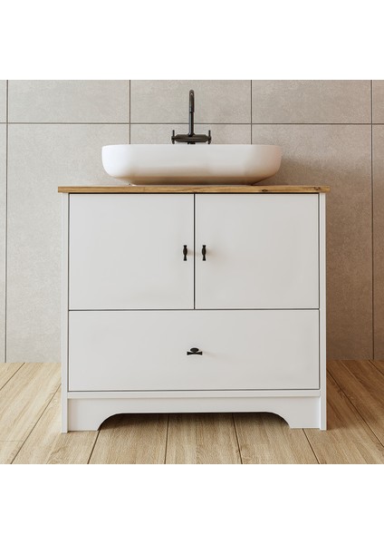 Oval Lavabolu Ayaklı 2 Kapaklı Çekmeceli Mat Beyaz Mdf 80 cm Banyo Dolabı