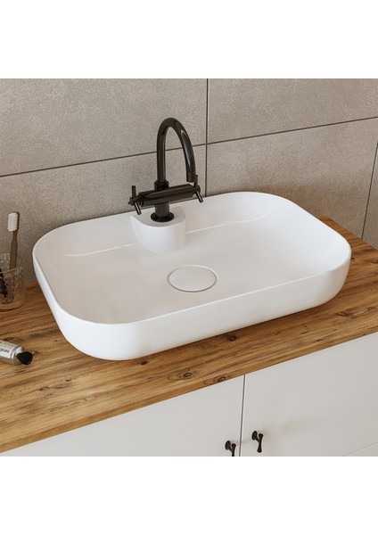 Oval Lavabolu Ayaklı 2 Kapaklı Çekmeceli Mat Beyaz Mdf 80 cm Banyo Dolabı