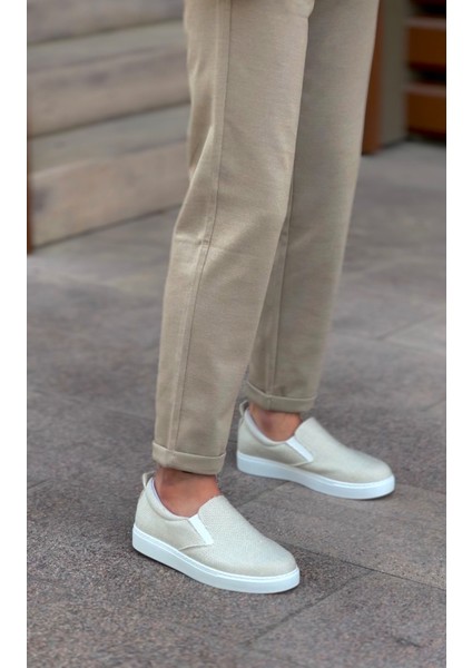 BA0339 Bağcıksız Keten Krem Beyaz Taban Günlük Erkek Ayakkabı modelleri