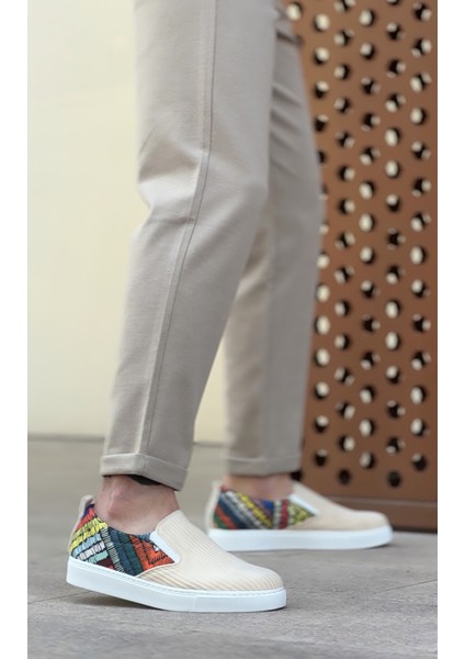 BA0339 Bağcıksız Keten Krem Renkli Desenli Beyaz Taban Günlük Erkek Ayakkabı fiyatları