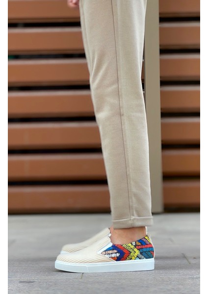 BA0339 Bağcıksız Keten Krem Renkli Desenli Beyaz Taban Günlük Erkek Ayakkabı fırsatları