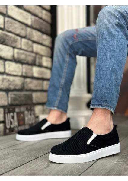 BA0339 Bağcıksız Kadife Siyah Beyaz Taban Günlük Erkek Ayakkabı modelleri