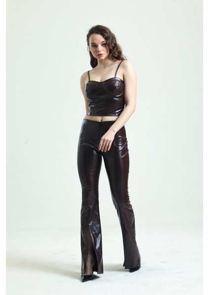 Paçalar Önden Yırtmaçlı Beli Lastikli Deri Tayt | TYT33544 Kakao modelleri