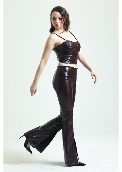 Paçalar Önden Yırtmaçlı Beli Lastikli Deri Tayt | TYT33544 Kakao fırsatları