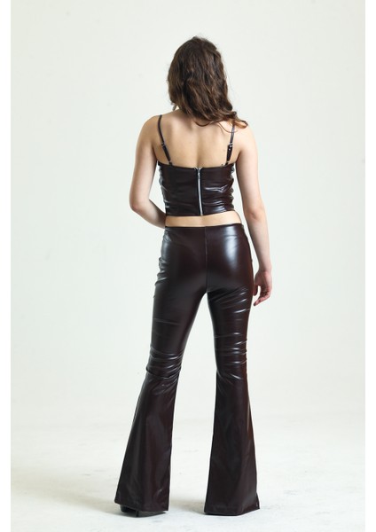 Paçalar Önden Yırtmaçlı Beli Lastikli Deri Tayt | TYT33544 Kakao indirimleri