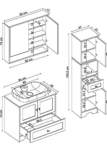 Lavabolu Mat Beyaz Mdf 80 cm Çekmeceli Banyo Dolabı + Aynalı Üst Dolabı + Boy Dolabı