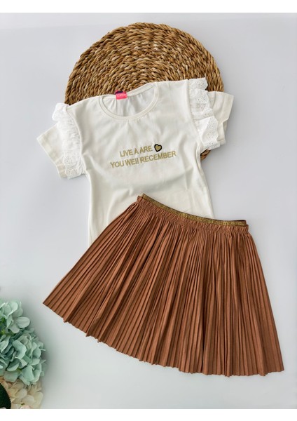 Süet Pileli Etekli Kız Çocuk takım - Kahverengi