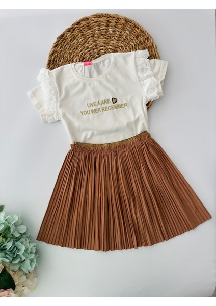Süet Pileli Etekli Kız Çocuk takım - Kahverengi modelleri