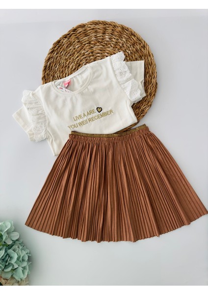 Süet Pileli Etekli Kız Çocuk takım - Kahverengi fırsatları