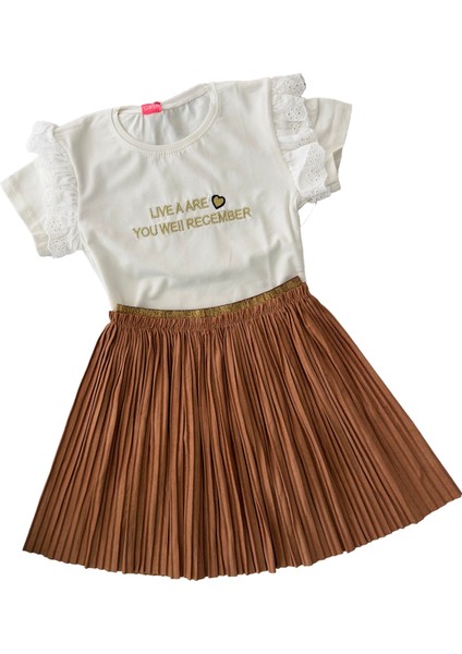 Süet Pileli Etekli Kız Çocuk takım - Kahverengi indirimleri