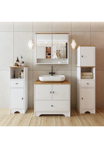 Oval Lavabolu Mat Beyaz Mdf 80 cm Çekmeceli Banyo Dolabı + Aynalı Üst Dolabı + 2 Adet Boy Dolabı