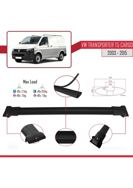 Volkswagen Transporter (T5) 2003-2015 Arası ile Uyumlu Fly Model Ara Atkı Tavan Barı Siyah 4 Adet Bar
