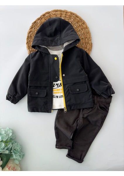 Çift Renkli Fermuarlı Deri Montlu Erkek çocuk 3 Lü - Siyah