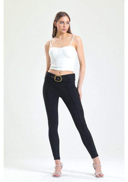 Kemerli Dar Paça Süet Tayt| TYT32569 Siyah