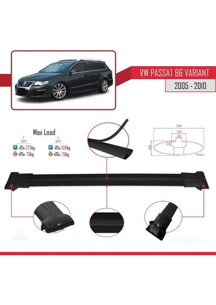 Volkswagen Passat (B6) Varıant 2005-2010 Arası ile Uyumlu Fly Model Ara Atkı Tavan Barı Siyah 3 Adet Bar