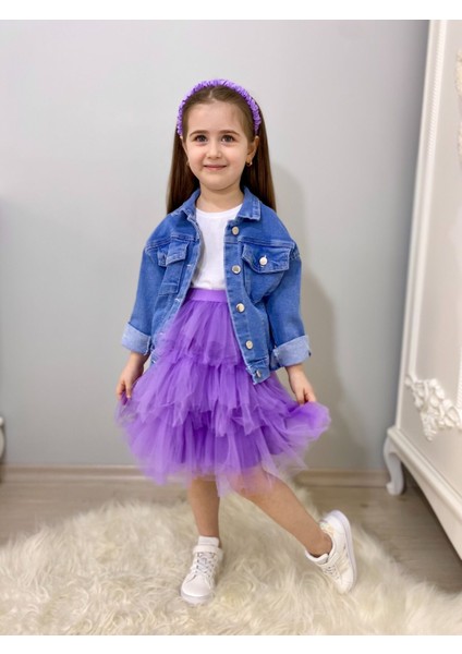 Tütü Etekli Kelebek Işlemeli Kız Çocuk Ceketli takım - Mor