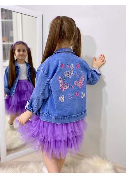 Tütü Etekli Kelebek Işlemeli Kız Çocuk Ceketli takım - Mor fiyatları