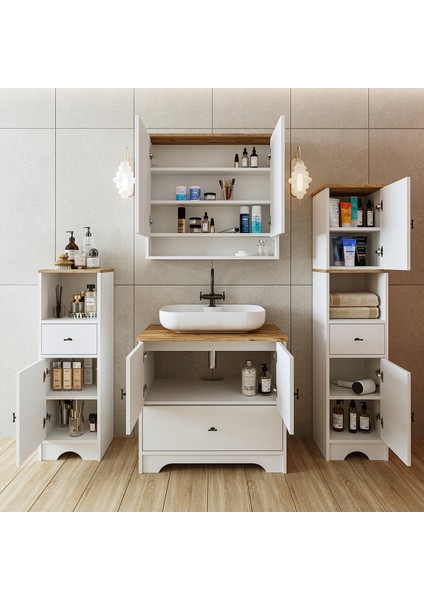 Oval Lavabolu Mat Beyaz Mdf 80 cm Çekmeceli Banyo Dolabı + Aynalı Üst Dolabı + 2 Adet Boy Dolabı fiyatları