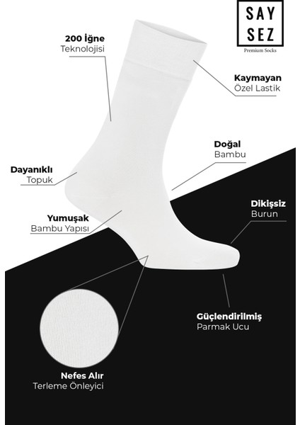 Bambu Erkek Soket Uzun Düz 3 Siyah - 3 Beyaz Çorap Dikişsiz Premium Kutulu 6'lı