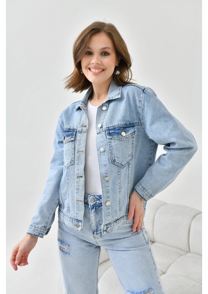 Kadın Açık Mavi Basic Jean Ceket modelleri