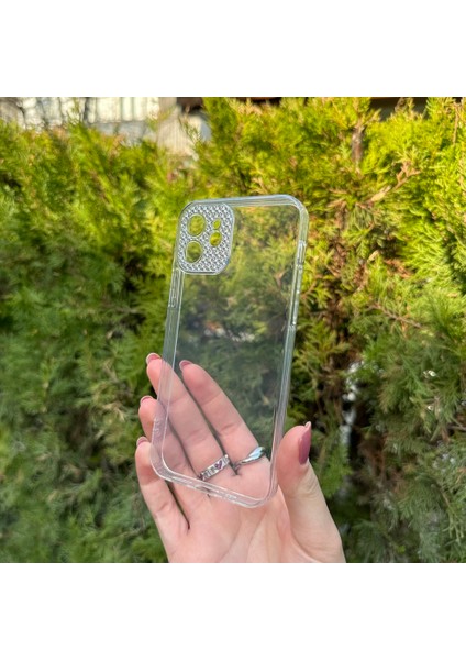 iPhone 12 Taşlı Lens Korumalı Şeffaf Kılıf