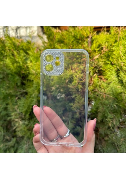 iPhone 12 Taşlı Lens Korumalı Şeffaf Kılıf