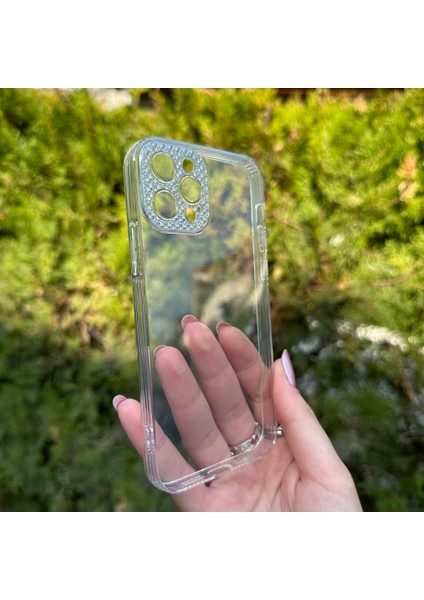 iPhone 12 Pro Taşlı Lens Korumalı Şeffaf Kılıf