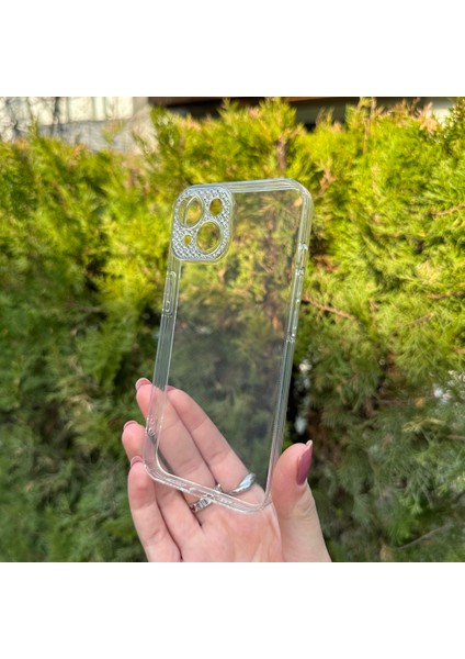 iPhone 14 Taşlı Lens Korumalı Şeffaf Kılıf