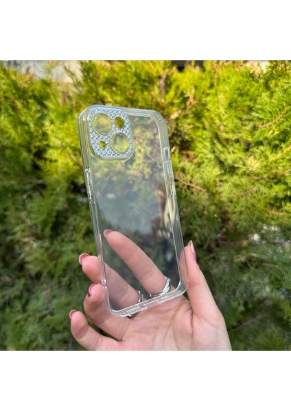 iPhone 14 Taşlı Lens Korumalı Şeffaf Kılıf