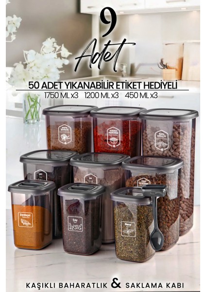 9'lu Etiketli Kare Erzak Saklama Kabı ve Kaşıklı Baharatlık Seti (1750ML + 1200ML + 450 Ml)