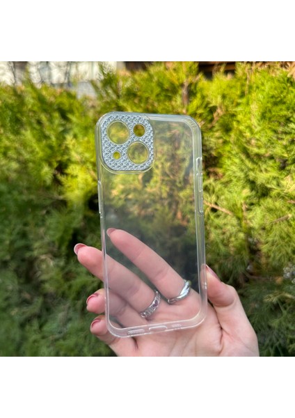 iPhone 13 Taşlı Lens Korumalı Şeffaf Kılıf