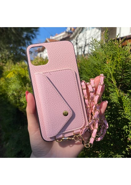 iPhone 14 Pembe Askılı ve Cüzdanlı Kılıf