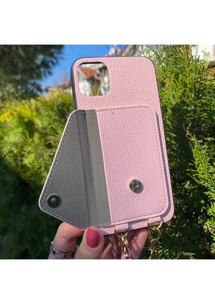 iPhone 14 Pembe Askılı ve Cüzdanlı Kılıf