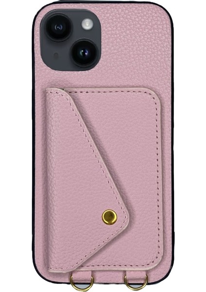 iPhone 14 Pembe Askılı ve Cüzdanlı Kılıf