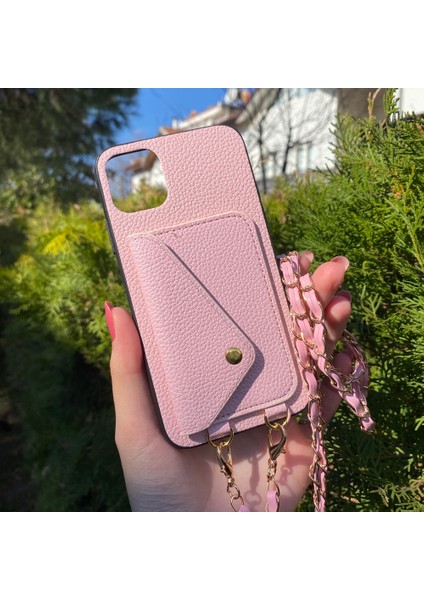 iPhone 13 Pro Max Pembe Askılı ve Cüzdanlı Kılıf