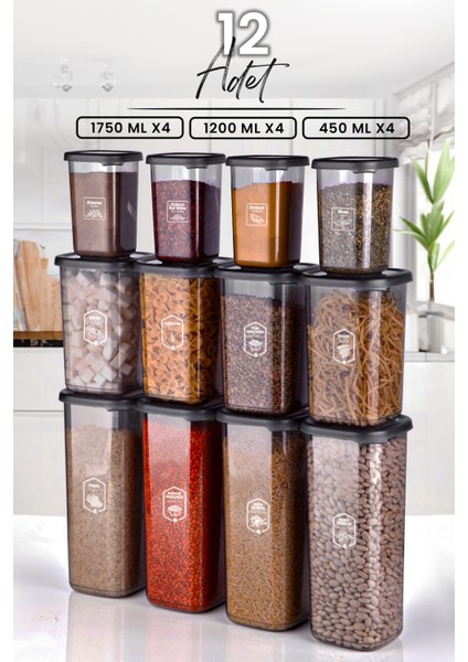 12'li Etiketli Modernity Kare Erzak Saklama Kabı Seti (1750ML X4- 1200ML X4 - 450ML X4 ) Baharatlık