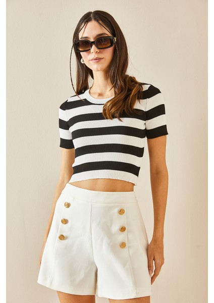 Beyaz Bisiklet Yaka Çizgili Triko Crop Bluz 5YXK2-48371-01 fiyatları